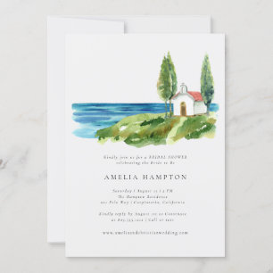 Coastal Watercolor Chapel Ocean  Bridal Shower  Invitation