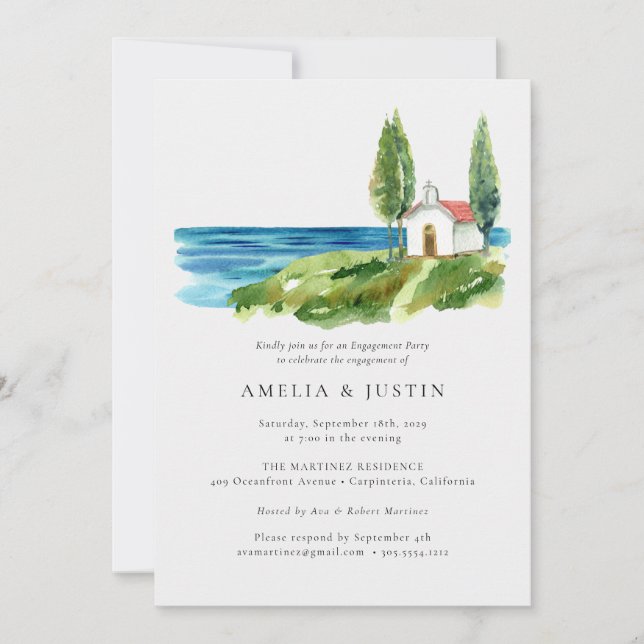 Coastal Watercolor Chapel Ocean Engagement Party  Invitation (Front)