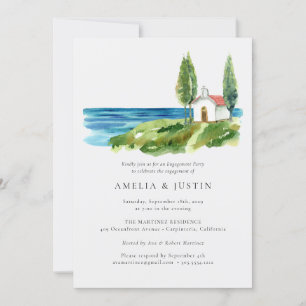 Coastal Watercolor Chapel Ocean Engagement Party  Invitation