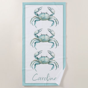Coastal Watercolor Crab Personalised Beach Towel