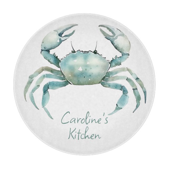Coastal Watercolor Crab Personalized Cutting Board (Front)