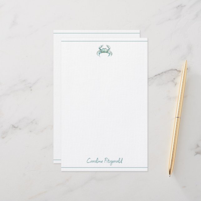 Coastal Watercolor Crab Personalized Stationery (Front/Back In Situ)