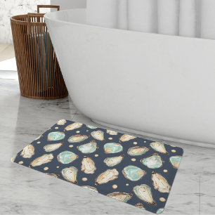 Coastal Watercolor Oyster & Pearl Pattern Bath Mat