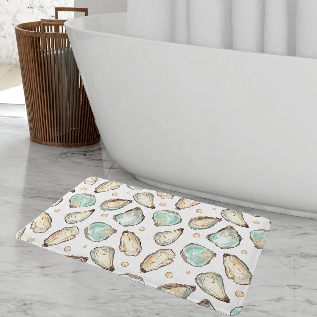 Coastal Watercolor Oyster & Pearl Pattern Bath Mat (Creator Uploaded)