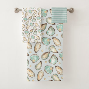 Coastal Watercolor Oyster & Pearl Pattern Bath Towel Set