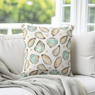 Coastal Watercolor Oyster & Pearl Pattern Cushion