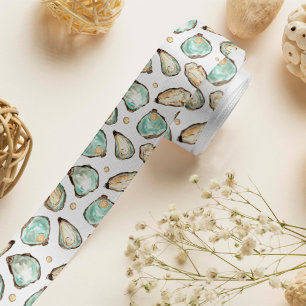 Coastal Watercolor Oyster & Pearl Pattern Satin Ribbon