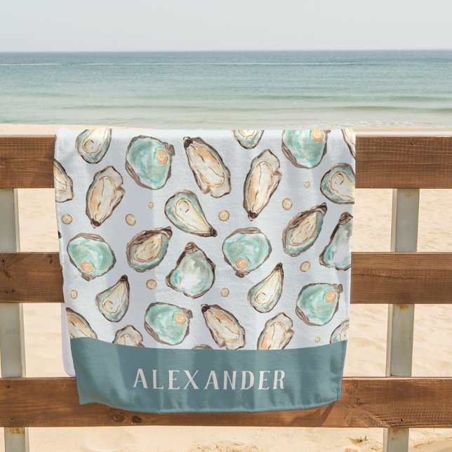 Coastal Watercolor Oyster & Pearl Personalised Beach Towel (Creator Uploaded)