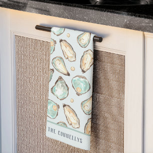 Coastal Watercolor Oyster & Pearl Personalised Tea Towel