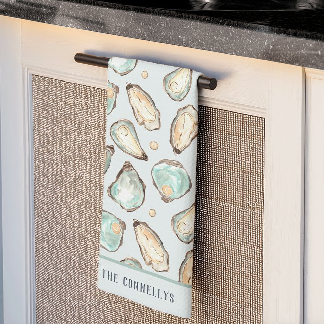 Coastal Watercolor Oyster & Pearl Personalised Tea Towel (Creator Uploaded)
