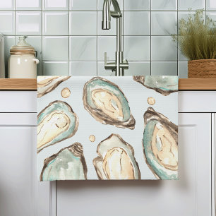 Coastal Watercolor Oyster & Pearl Tea Towel