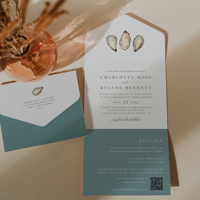 Coastal Watercolor Oyster Wedding All In One Invitation (Coastal oyster wedding invitations with detachable details card and QR code)