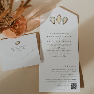 Coastal Watercolor Oyster Wedding All In One Invitation