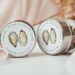 Coastal Watercolor Oyster Wedding Favour Classic Round Sticker<br><div class="desc">These coastal wedding favour stickers feature two soft cream and aqua watercolor oyster illustrations,  with two lines of custom text in classic navy blue lettering. Shown with "shucks,  we're glad you came" and your names. Perfect for beach themed,  summer,  or nautical wedding celebrations.</div>