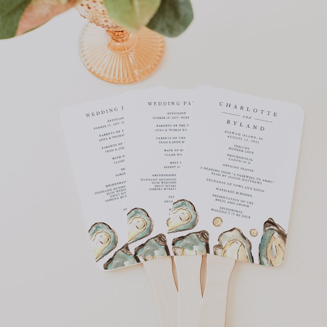 Coastal Watercolor Oyster Wedding Program Hand Fan (Creator Uploaded)