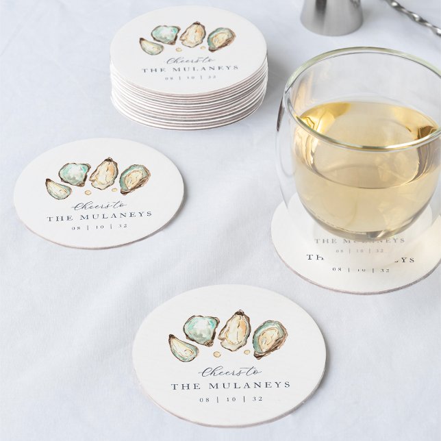 Coastal Watercolor Oyster Wedding Round Paper Coaster (Coastal oyster wedding coasters)