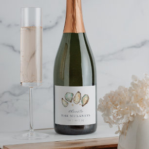 Coastal Watercolor Oyster Wedding Sparkling Wine Label
