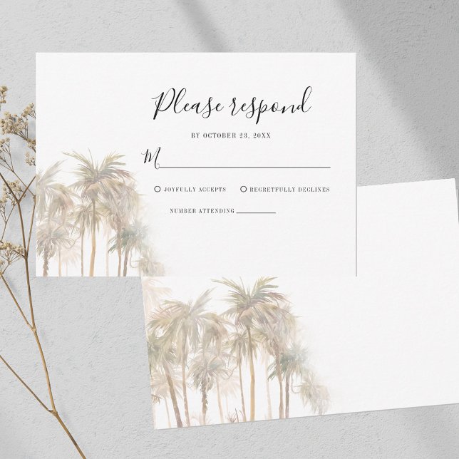 Coastal Watercolor Palm Trees Destination Wedding RSVP Card (Tropical Palm Trees Wedding Response Enclosure RSVP Card)