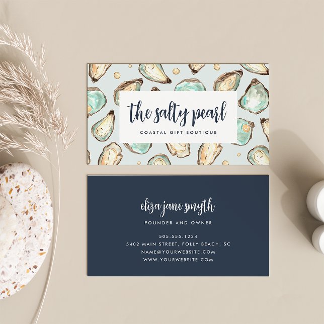 Coastal Watercolor Pearl & Oyster Business Card (Creator Uploaded)