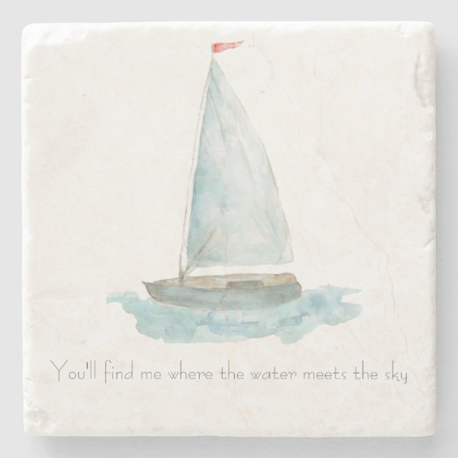 Coastal Watercolor Sailboat  Stone Coaster (Front)