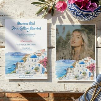 Coastal Watercolor Santorini Greece Bridal Shower Invitation