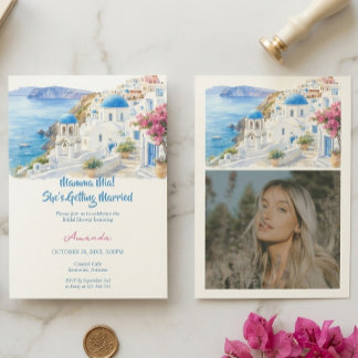Coastal Watercolor Santorini Greece Bridal Shower Invitation