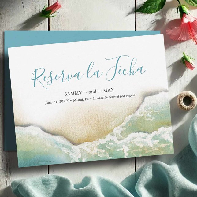 Coastal Watercolor Save the Date in Spanish (Save the date in Spanish watercolor shoreline art by Victoria Grigaliunas Do Tell A Belle)