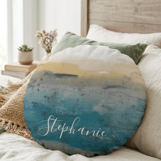 Coastal Watercolor Script Name Round Cushion (This coastal round pillow is a sweet gift for a friend’s birthday bedroom refresh.)