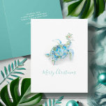 Coastal Watercolor Sea Turtle Beach Christmas Card<br><div class="desc">This beach theme holiday card features my original hand painted watercolor sea turtle with holly and red berries in shades of tropical colors on a crisp white background. The words Merry Christmas are set in a modern brush script typography. The inside features a solid turquoise blue color with your custom...</div>