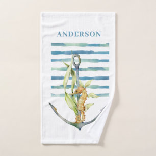 COASTAL Watercolor Seahorse & Anchor Design Hand Towel