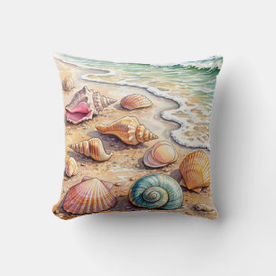 Coastal Watercolor Seashells on the Shore Beach Cushion