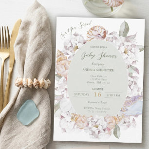 Coastal Watercolor Shells and Floral Baby Shower Invitation