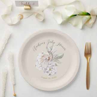 Coastal Watercolor Shells and Floral Baby Shower Paper Plate