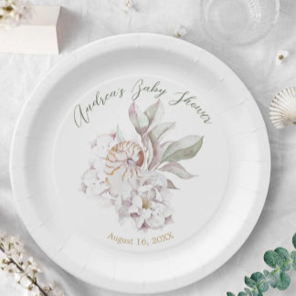 Coastal Watercolor Shells and Floral Baby Shower Paper Plate