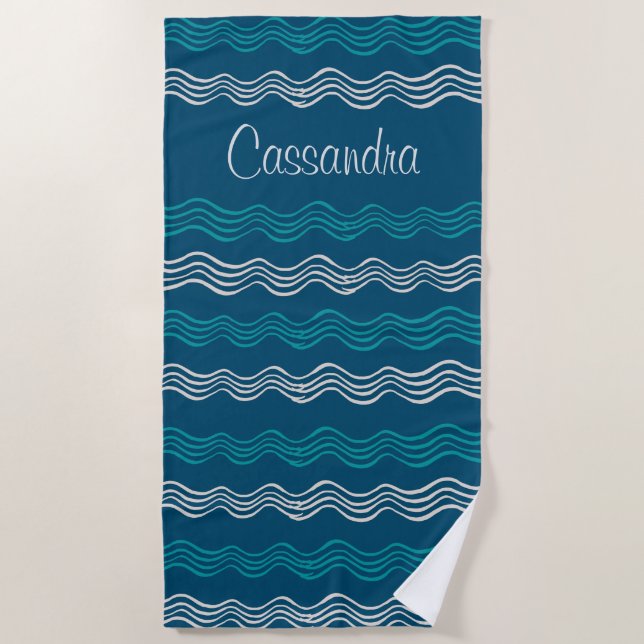 Coastal Waves Blue and White Stripes  Nautical Beach Towel (Front)
