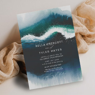 Coastal Waves Navy Beach Ocean Elegant Wedding Invitation