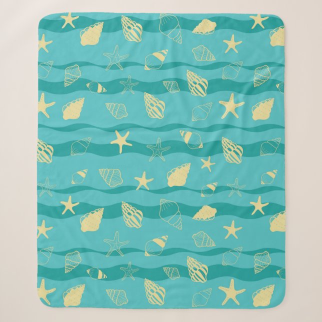 Coastal Waves & Seashell Pattern Sherpa Blanket (Front)