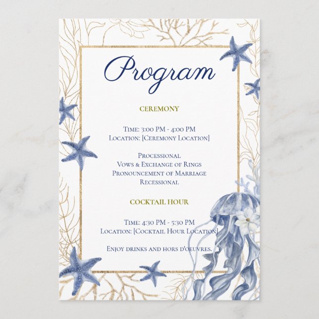 Coastal Wedding Blue & Gold Program Programme (Front)