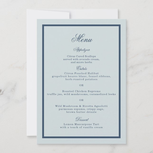 Coastal Wedding Dusty Blue Classic Menu Card (Front)