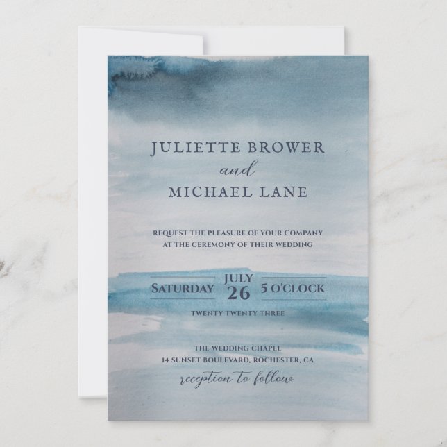 Coastal Wedding Invitation, Ocean Blue Watercolor Invitation (Front)