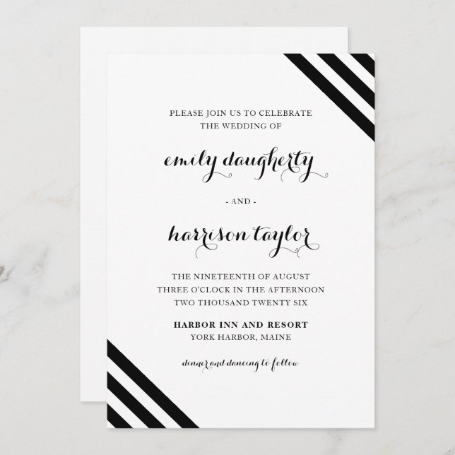 Coastal Wedding Nautical Stripes Black and White Invitation (Front/Back)
