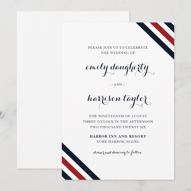 Coastal Wedding Nautical Stripes Red White Blue Invitation (Front/Back)