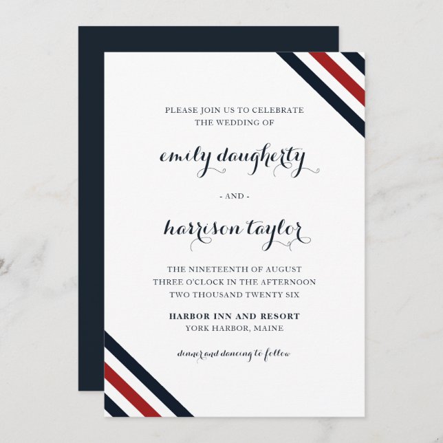 Coastal Wedding Nautical Stripes Red White Blue Invitation (Front/Back)