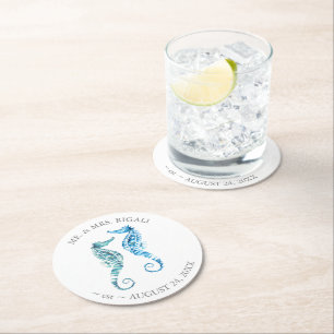 Coastal Wedding Seahorse Round Paper Coaster