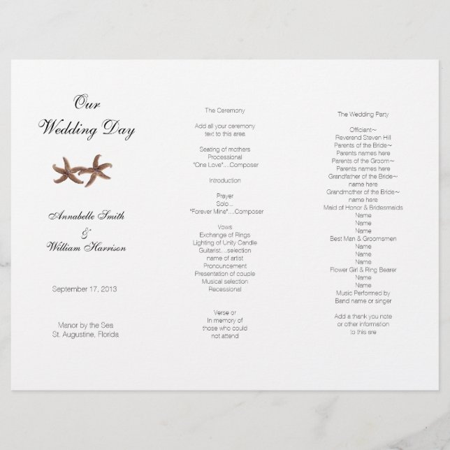 Coastal Wedding Tri-Fold Starfish Couple Program (Front)