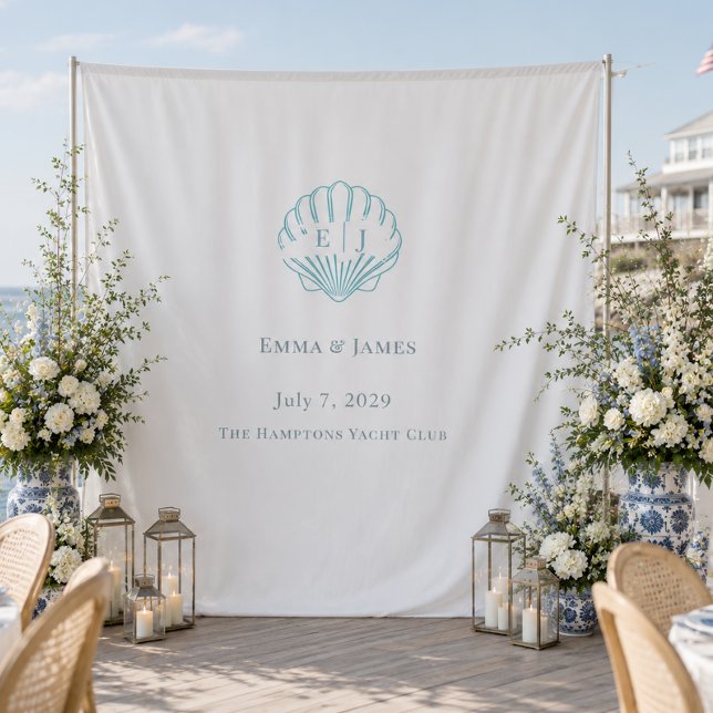 Coastal Welcome Blue Seashell Wedding Backdrop Tapestry (Coastal Welcome Blue Seashell Wedding Backdrop)