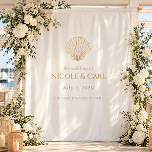 Coastal Welcome Golden Seashell Wedding Backdrop Tapestry