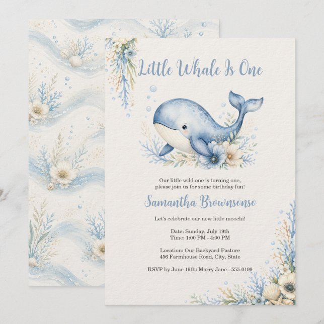 Coastal Whale First Birthday Invitation (Front/Back)
