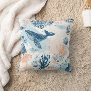 Coastal Whale Sea Life Coral Blue Peach (1) Cushion