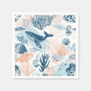 Coastal Whale Sea Life Coral Blue Peach (1) Napkin